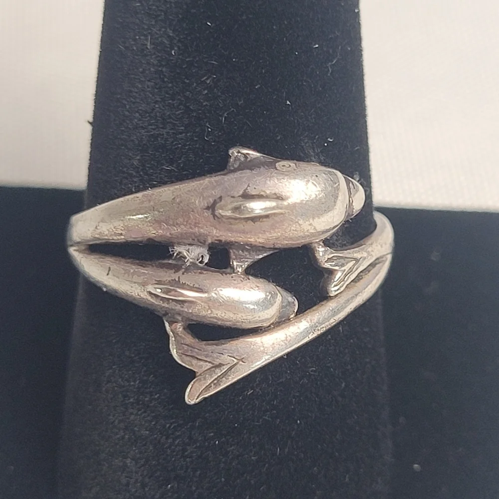 925 Sterling Silver Dolphin Wrap Ring - Women's Silver vintage